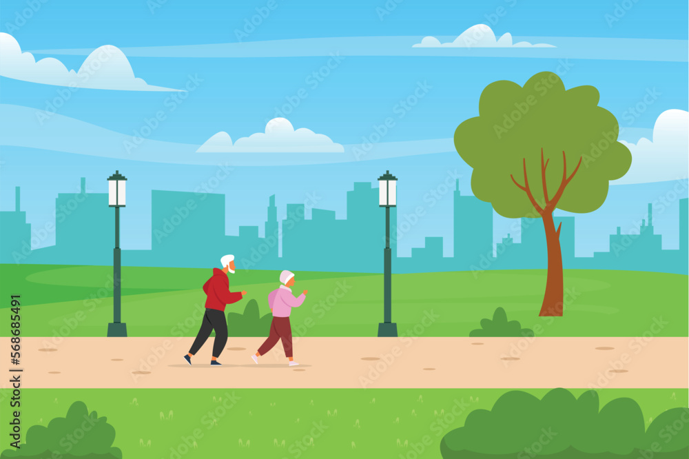 Elderly Couple Spends Time Outdoors 2d Vector Illustration Concept For