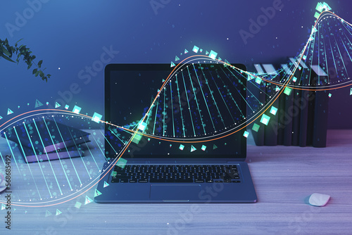 Close up of workplace with glowing DNA hologram, laptop and other items on blurry background. Bioengineering and technology concept. 3D Rendering. © Who is Danny
