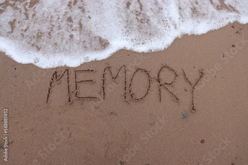 Writing the letters m e m o r y or memory on the sand and the sea water is flowing to erase this memory. Ideas for wanting to forget the bad things. or erase anything bad from your mind