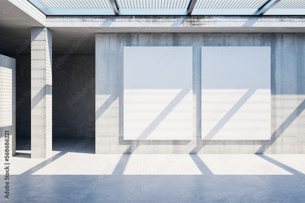 Front view on blank sunlit light posters with place for your logo or text on concrete wall background in spacious indoor empty industrial style hall. 3D rendering, mockup Front view on blank sunlit light posters with place for your logo or text on concrete wall background in spacious indoor empty industrial style hall. 3D rendering, mockup