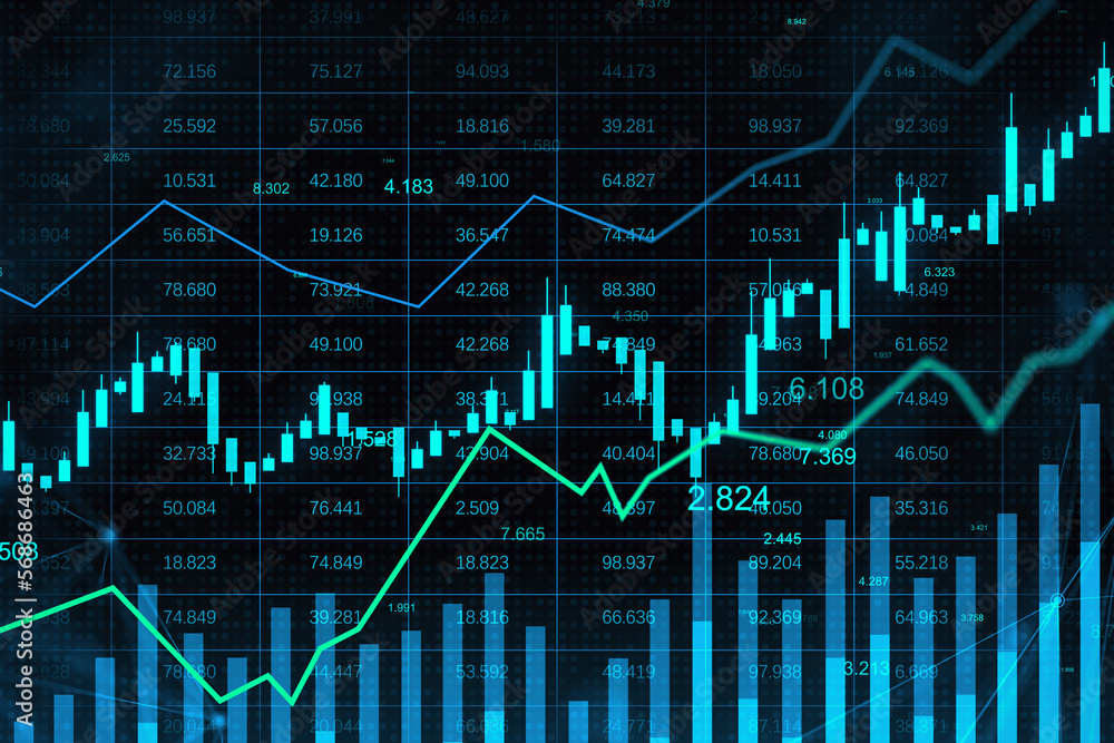 Economy growth, investing and analytics concept with rising up financial chart candlestick, graphs and indicators on dark background of trader screen. 3D rendering Economy growth, investing and analytics concept with rising up financial chart candlestick, graphs and indicators on dark background of trader screen. 3D rendering
