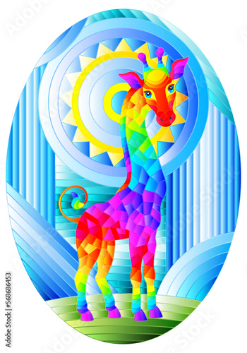 Illustration in stained glass style giraffe abstract rainbow geometric background with sun, oval image