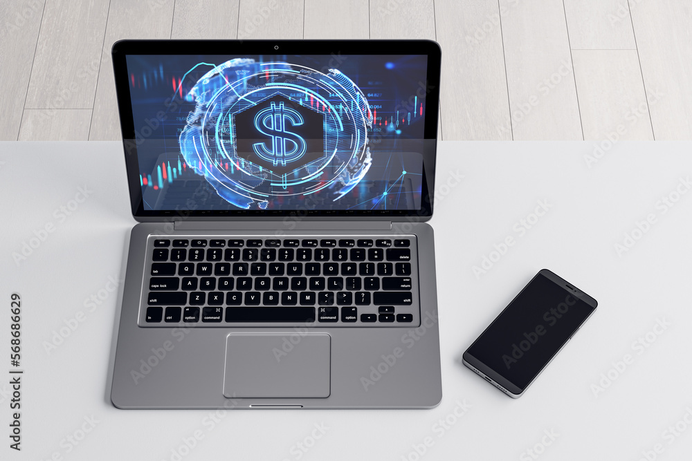 Top view of laptop computer and cellphone on desktop with glowing dollar hologram on white background. Money, digital banking and finance concept. 3D Rendering. Top view of laptop computer and cellphone on desktop with glowing dollar hologram on white background. Money, digital banking and finance concept. 3D Rendering.