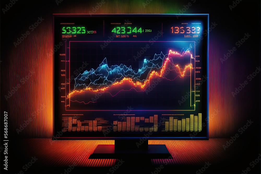 Black screen with stock charts of candlestick. The concept of trading and visual representation of financial market trends over a specified period of time, using red and green candle bars.