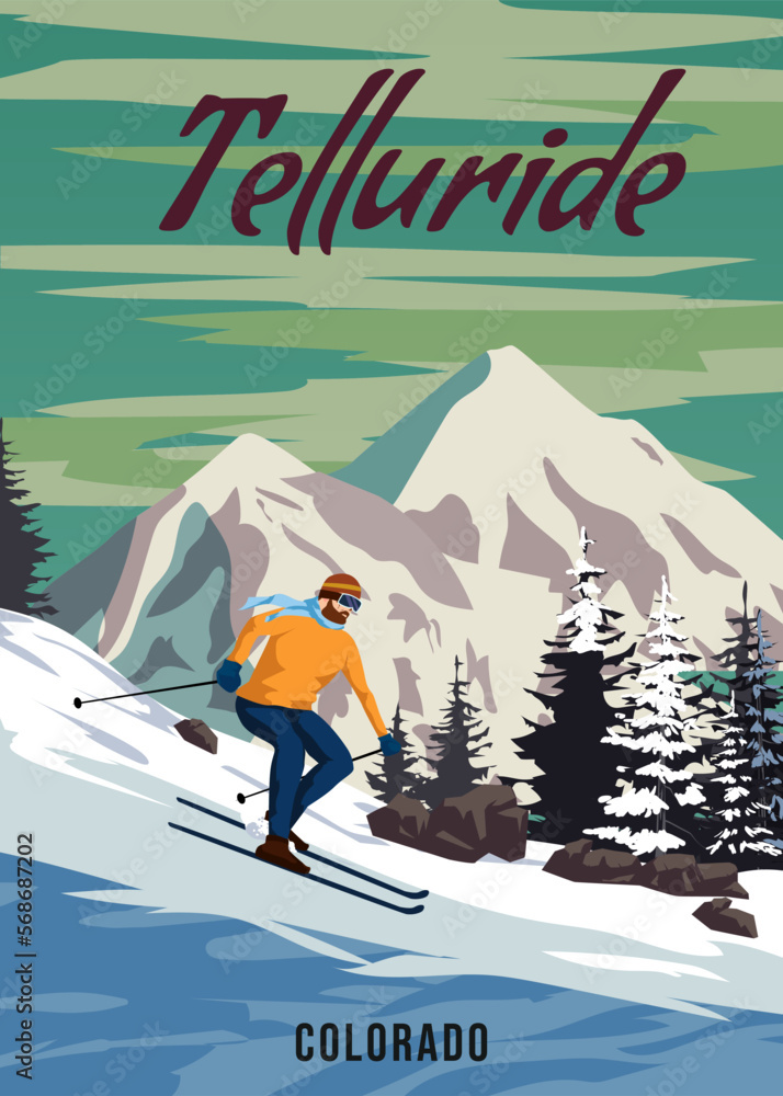 Travel poster Ski Telluride resort vintage. America winter landscape travel card