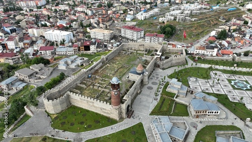 Erzurum Castle was built in 415 during the Byzantine Empire. A photograph of the castle taken with a drone.