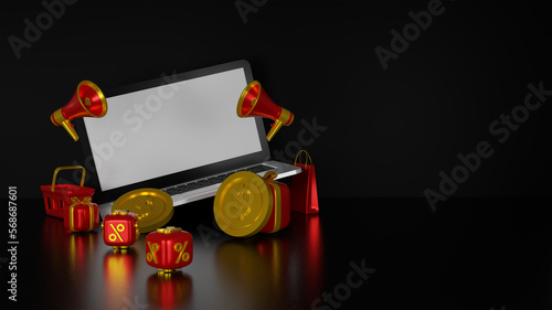 3d render front view laptop with shopping concept mockup black friday