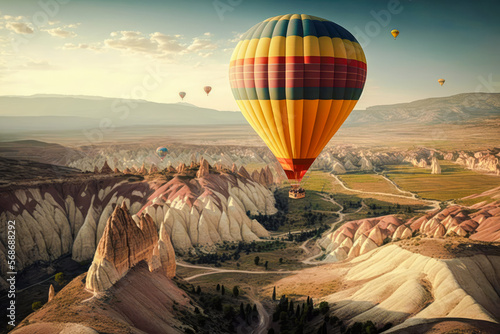 A hot air balloon expedition, with a panorama of hilly landscapes and peaceful villages - Generative AI