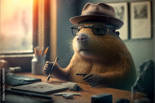 Anthropomorphic gopher detective investigating , wearing hat and sunglasses  photo