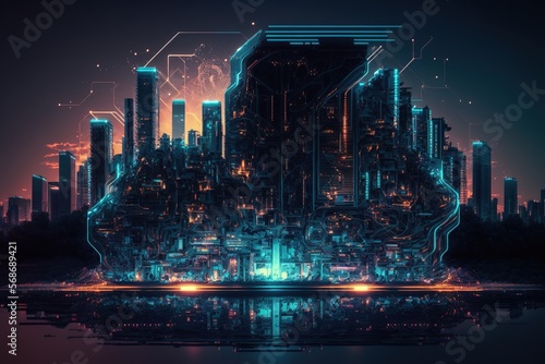 Cyberpunk city neon effect abstract background. Generative AI