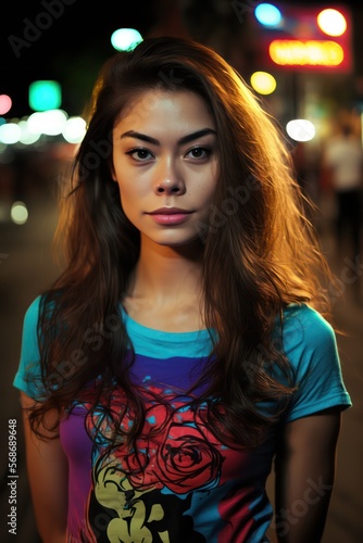  A fictional person. Beautiful young half Asian woman at street at night. Generative AI © Kanachi Graphics