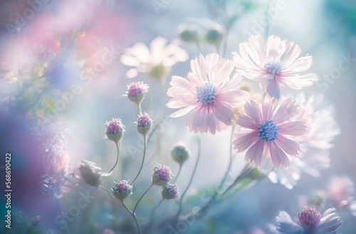 Soft blur spring floral background in pastel colors. Flowers in spring in nature close-up macro. Generative AI. © BunpaengArt