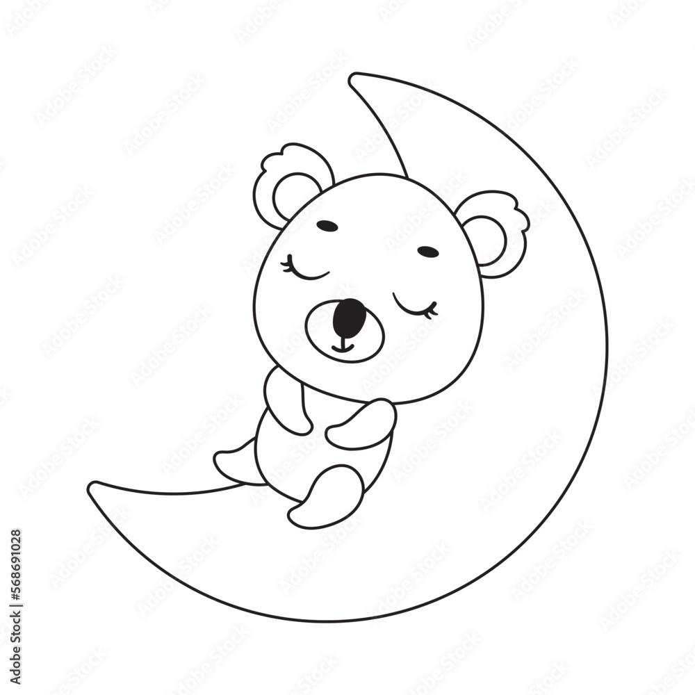 Coloring page cute little koala sleeping on moon. Coloring book for kids. Educational activity for preschool years kids and toddlers with cute animal. Vector stock illustration Coloring page cute little koala sleeping on moon. Coloring book for kids. Educational activity for preschool years kids and toddlers with cute animal. Vector stock illustration