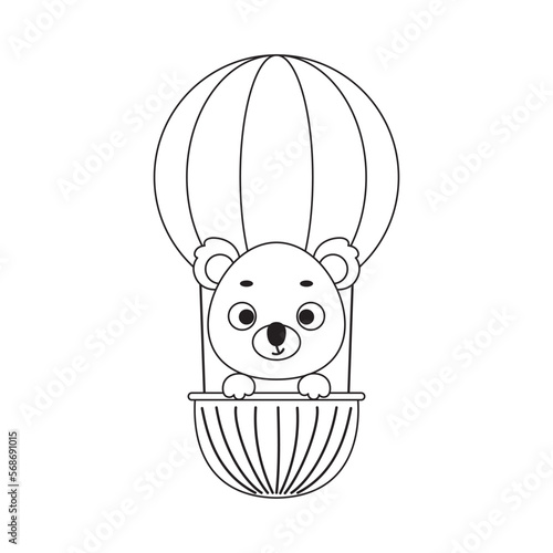 Coloring page cute little koala flying on hot air balloon. Coloring book for kids. Educational activity for preschool years kids and toddlers with cute animal. Vector stock illustration