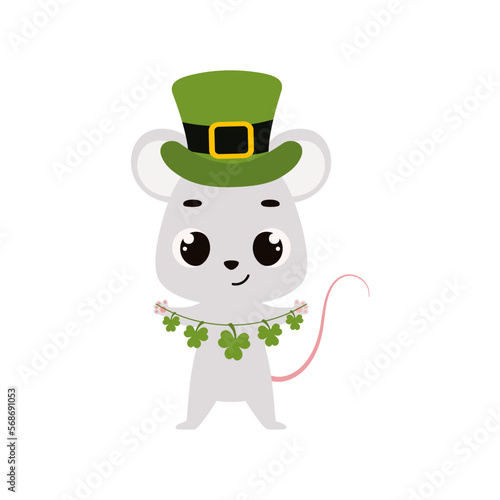 Cute mouse in green leprechaun hat with clover. Irish holiday folklore theme. Cartoon design for cards, decor, shirt, invitation. Vector stock illustration