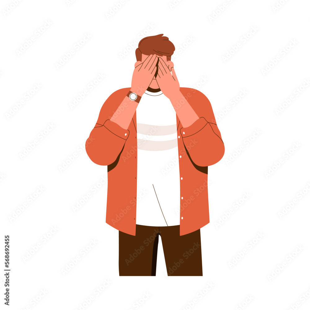 Ignoring, closing eyes with palms. Man character covering, hiding face, avoiding looking, refusing to see, blind to smth. Ignorance concept. Flat vector illustration isolated on white background Ignoring, closing eyes with palms. Man character covering, hiding face, avoiding looking, refusing to see, blind to smth. Ignorance concept. Flat vector illustration isolated on white background