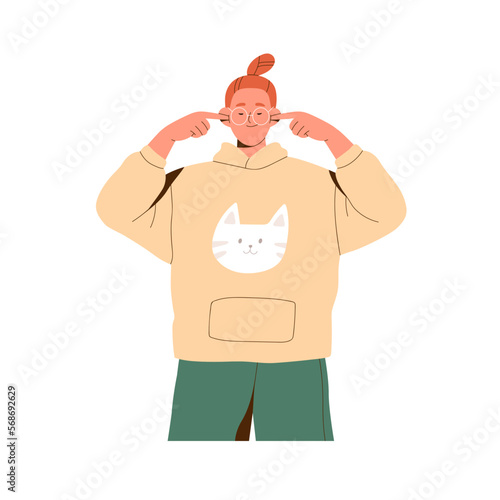 Happy girl plugging closing ears with fingers. Calm carefree indifferent woman ignoring, avoiding noise. Ignorance, indifference concept. Flat graphic vector illustration isolated on white background
