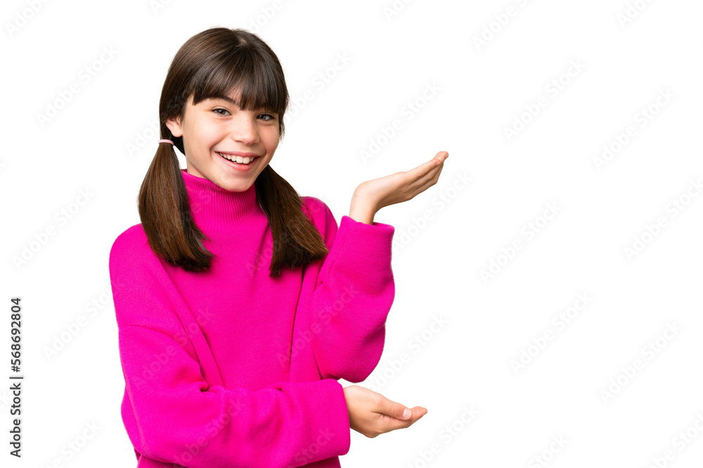 Little caucasian girl over isolated background extending hands to the side for inviting to come Little caucasian girl over isolated background extending hands to the side for inviting to come