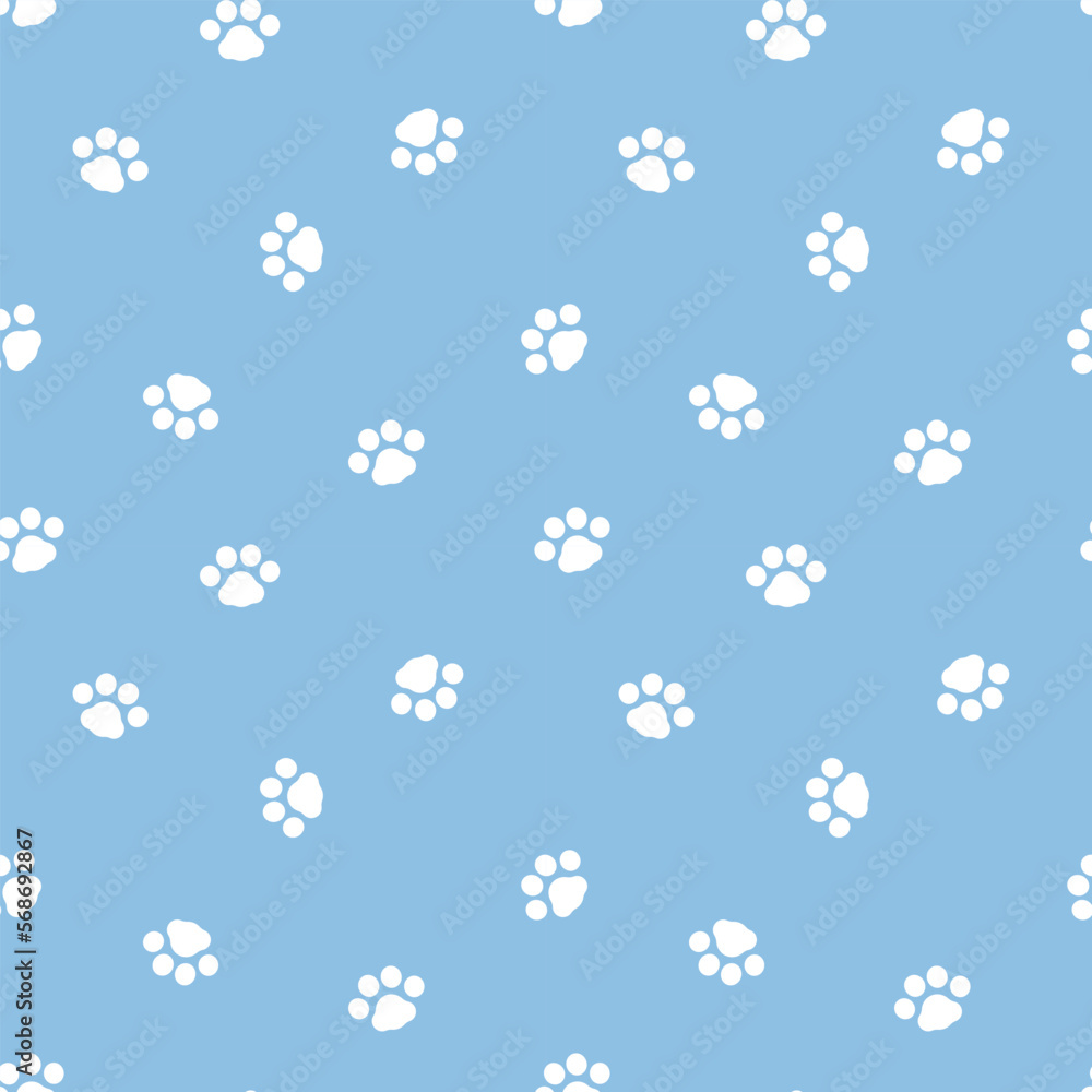 seamless minimal cute, sweet, pastel animal pet dog foot print paw repeat pattern in blue background, flat vector illustration graphic design