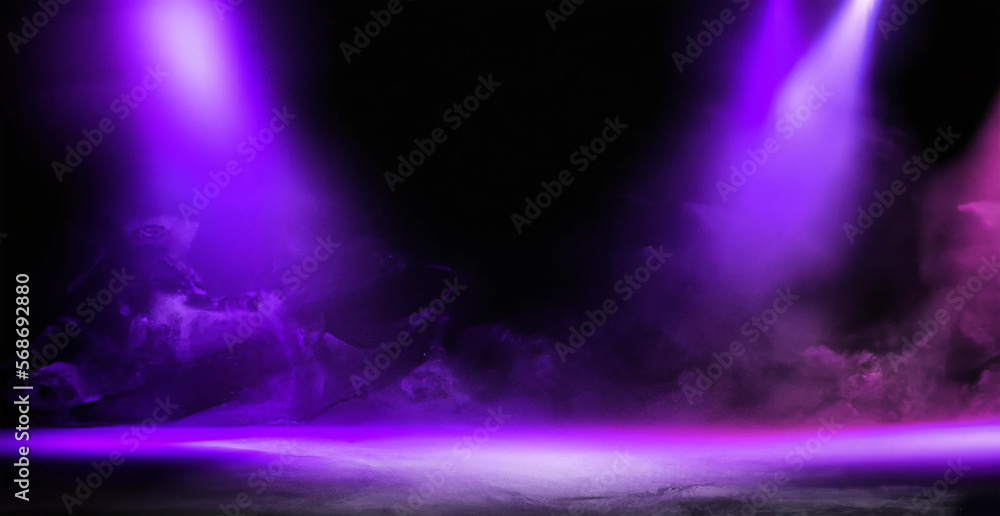 The dark stage shows, purple background, an empty dark scene, neon light, spotlights. Studio room with smoke for display products. Illustration