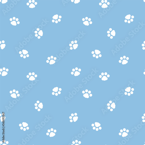 seamless minimal cute, sweet, pastel animal pet dog foot print paw repeat pattern in blue background, flat vector illustration graphic design