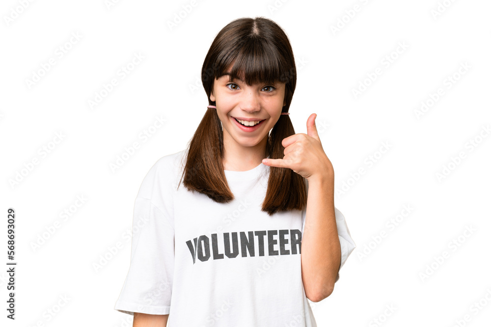 Little volunteer girl over isolated background making phone gesture. Call me back sign Little volunteer girl over isolated background making phone gesture. Call me back sign