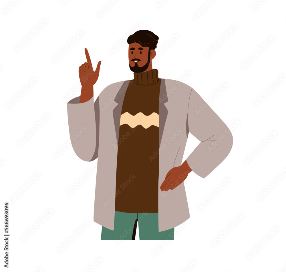 Man speaking with finger up, pointing gesture. Male character giving advice, telling ideas, noting, informing, advising and instructing. Flat graphic vector illustration isolated on white background