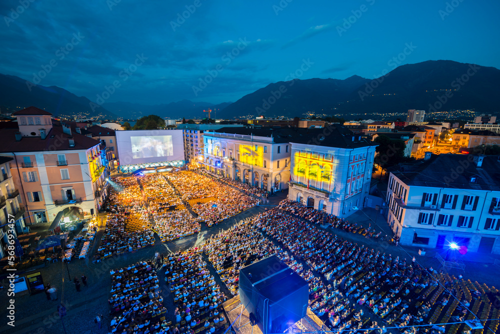 Aerial View over City Square of Locarno in Dusk and Film Festival in Ticino; switzerland - obrazy, fototapety, plakaty 