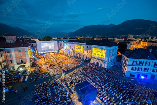 Aerial View over City Square of Locarno in Dusk and Film Festival in Ticino; switzerland