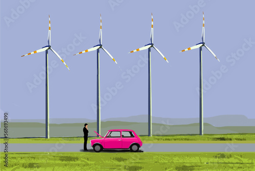 Illustration of man dealing with vehicle breakdown in front of wind farm turbines photo