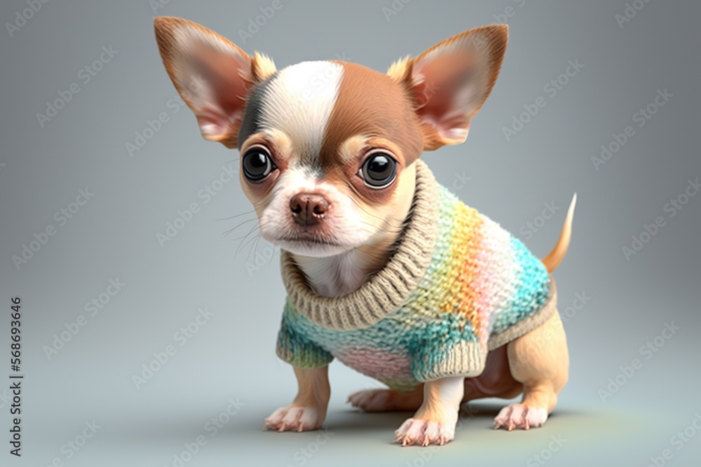 Cute chihuahua puppy wearing a colored sweater