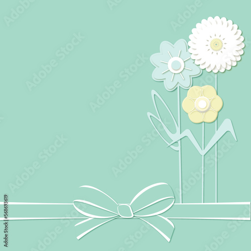 Card with bouquet of flowers, ribbon and bow on a green background. This card for celebration, greeting, decoration.  It made in papercut technic.