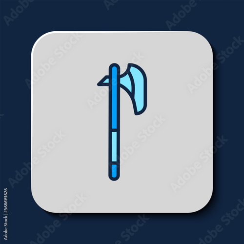 Filled outline Medieval axe icon isolated on blue background. Battle axe, executioner axe. Medieval weapon. Vector