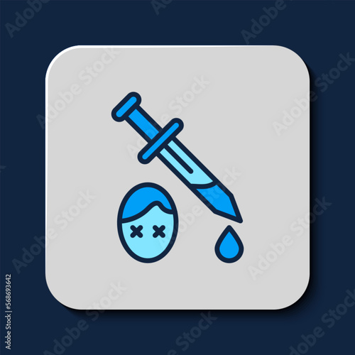 Filled outline Sword with blood icon isolated on blue background. Medieval weapons knight and soldier. Symbol of murder. Vector