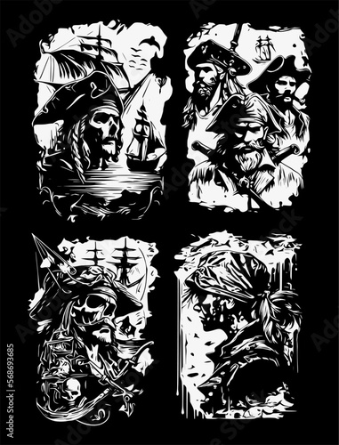 Pirate skull sketch. On black background.
