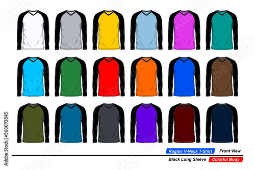 Raglan v-neck t-shirt  front view  black long sleeve  colorful body