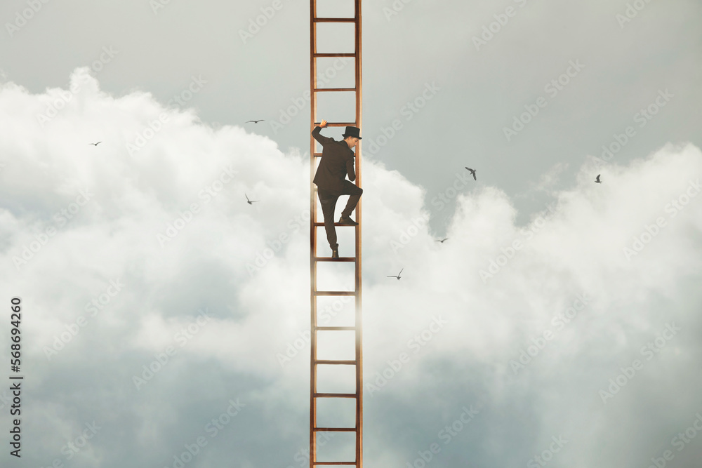 surreal man tries to reach the sky with a ladder fearfully looking down, the concept is business and success