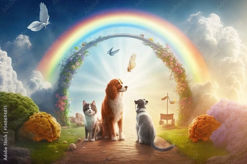 A beautiful fairy garden of Eden with happy dogs and cats who run and play. They live after death in a heavenly paradise. Concept of life after death for animals. - obrazy, fototapety, plakaty 