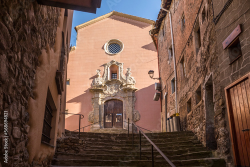 Spain, Catalonia, La Pobla de Lillet, Steps in front of entrance of Iglesia de Santa Maria church photo