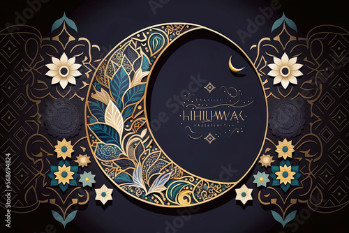 Luxurious and elegant design Ramadan kareem with crescent moon, traditional and Islamic ornamental colorful detail of mosaic for islamic greeting.Vector illustration. photo