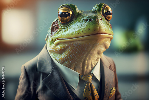 Portrait d'une grenouille anthropomorphe businessman travaillant dans les bureaux de sa société » IA générative