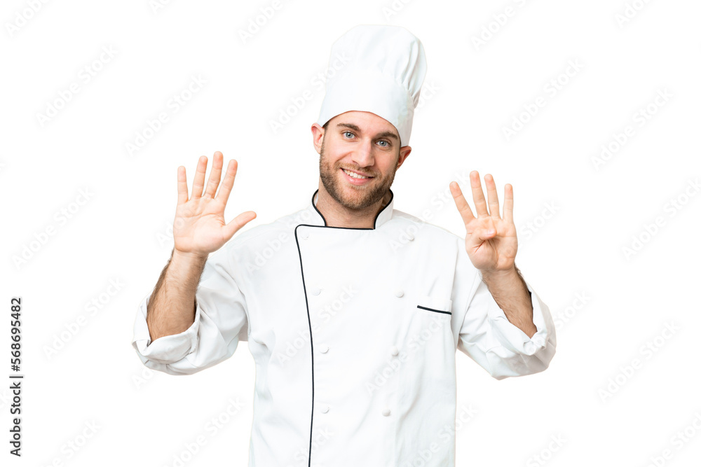 Young blonde man Chef over isolated chroma key background counting nine with fingers Young blonde man Chef over isolated chroma key background counting nine with fingers