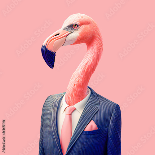 Abstract creative animal concept of a flamingo posing as a man in a human elegant business suit. Pink tropical flamingo in clothes. Illustration, Generative AI.