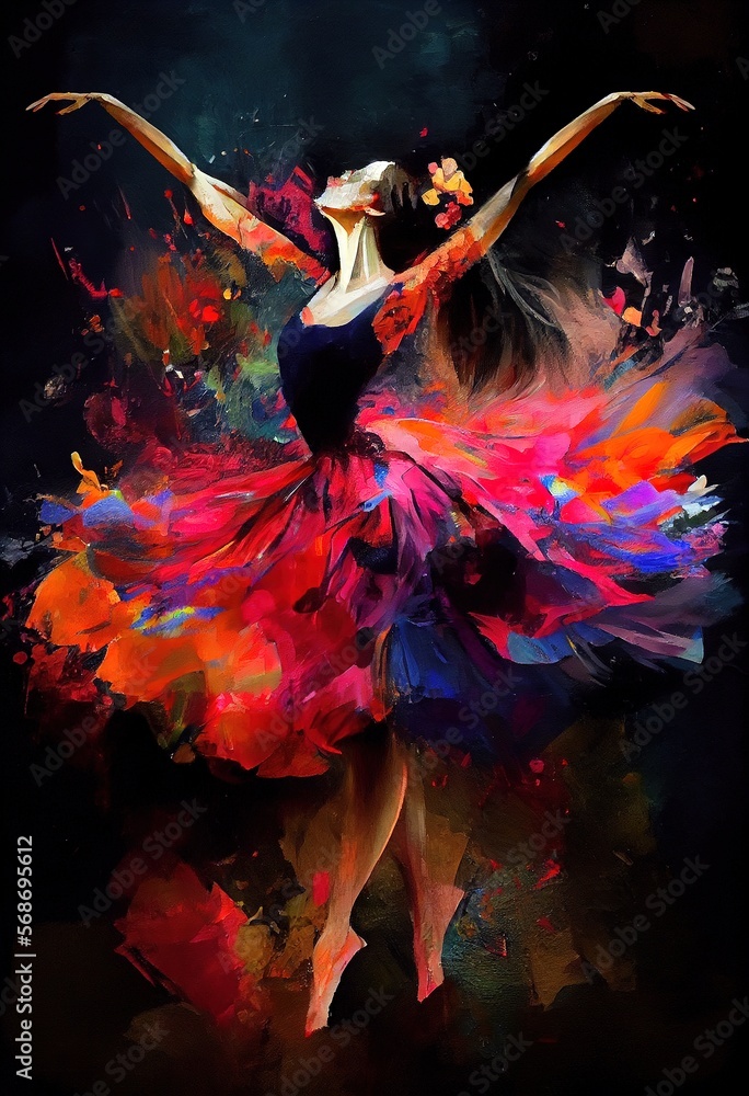 A dancer, abstract woman silhouette with bright colorful floral elements isolated on black background. Generative art