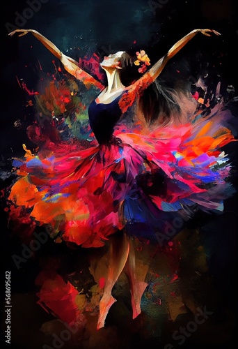 A dancer, abstract woman silhouette with bright colorful floral elements isolated on black background. Generative art