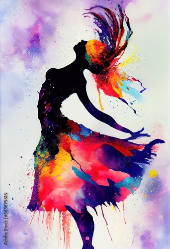 A dancer  abstract woman silhouette with bright colorful floral elements isolated on black background. Generative art