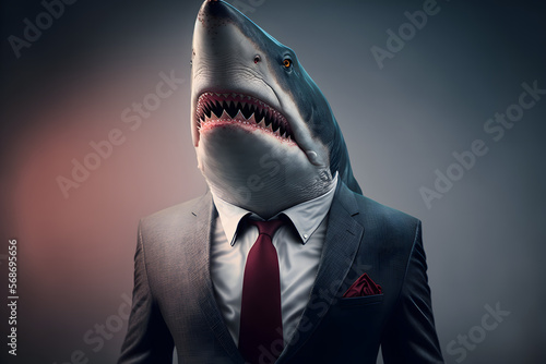 Portrait d un requin anthropomorphe businessman travaillant dans les bureaux de sa soci  t      IA g  n  rative