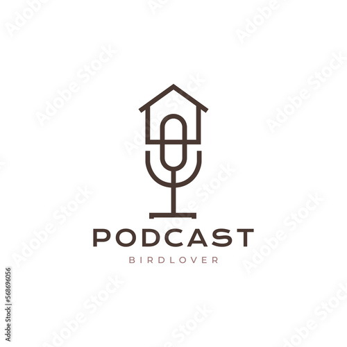 bird cage sing microphone podcast talking contest logo design vector icon illustration
