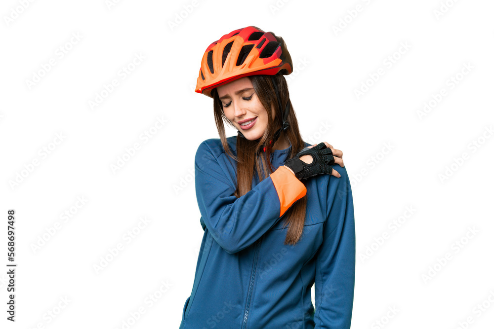 Young cyclist woman over isolated chroma key background suffering from pain in shoulder for having made an effort Young cyclist woman over isolated chroma key background suffering from pain in shoulder for having made an effort