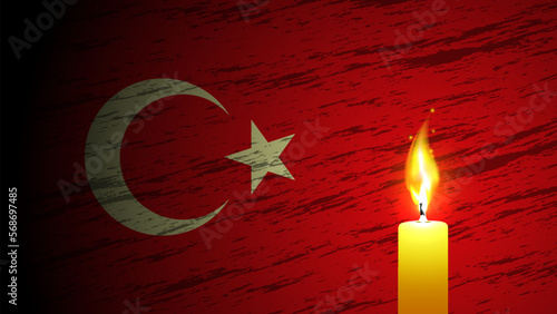 Vector mournful banner. A bright burning candle on the background of the Turkish flag. A symbol of sorrow in connection with a terrible earthquake.